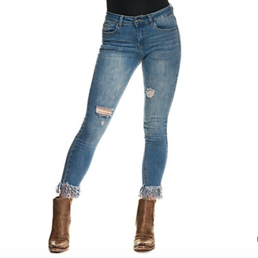Lucky & Blessed L&B Distressed Boyfriend Jeans Fringed Hem Blue Size 4 NWT